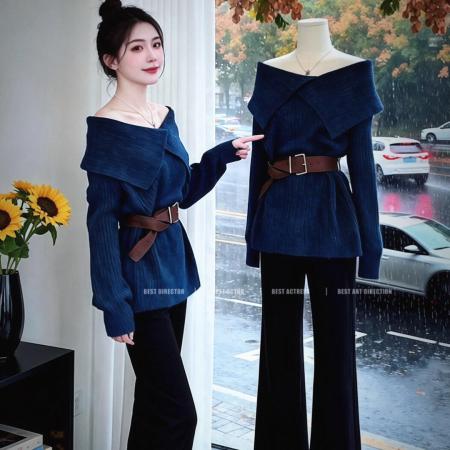 FA46752# 秋日ootd穿搭一整套姐系贵感套装翻领一字肩毛衣高腰阔腿裤两件套  服裝批發女裝批發服飾貨源