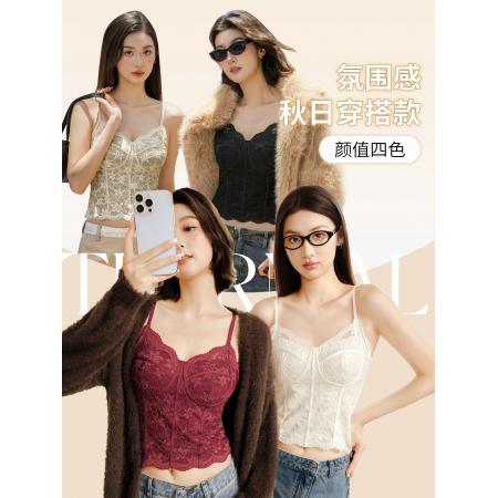 FA46761# 纯欲风蕾丝磨毛保暖带胸垫吊带背心女可外穿修身显瘦内搭打底上衣  服裝批發女裝批發服飾貨源