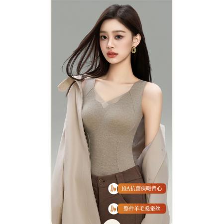 FA46764# 保暖背心女新款春秋带胸垫上衣加厚羊绒蚕丝美拉德打底衫  服裝批發女裝批發服飾貨源