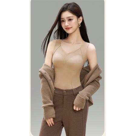 FA46764# 保暖背心女新款春秋带胸垫上衣加厚羊绒蚕丝美拉德打底衫  服裝批發女裝批發服飾貨源