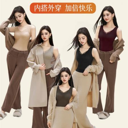 FA46764# 保暖背心女新款春秋带胸垫上衣加厚羊绒蚕丝美拉德打底衫  服裝批發女裝批發服飾貨源