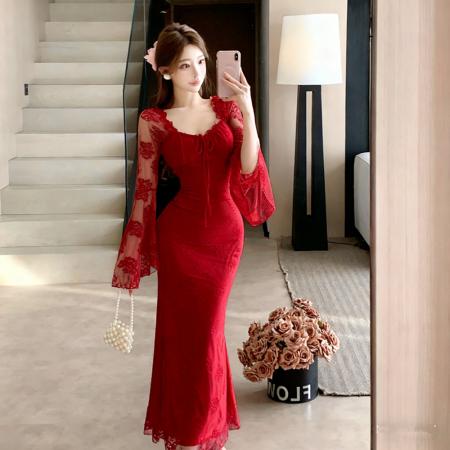 FA46769# 法式御姐风蕾丝喇叭袖显白连衣裙女高级感气质超仙女礼服长裙  服裝批發女裝批發服飾貨源