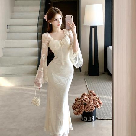 FA46769# 法式御姐风蕾丝喇叭袖显白连衣裙女高级感气质超仙女礼服长裙  服裝批發女裝批發服飾貨源