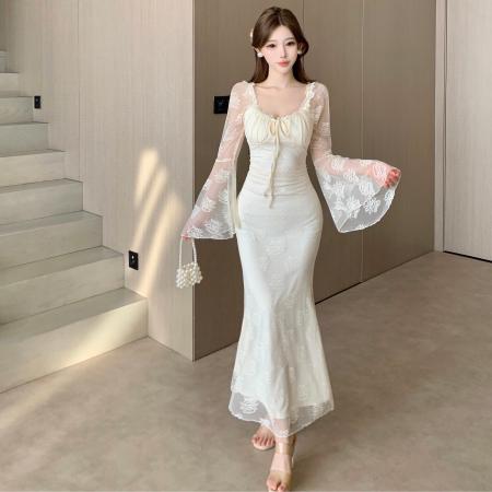 FA46769# 法式御姐风蕾丝喇叭袖显白连衣裙女高级感气质超仙女礼服长裙  服裝批發女裝批發服飾貨源