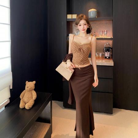 FA46771# 蕾丝拼接波点纯欲吊带背心长袖开衫女冬套装鱼尾裙半裙三件套  服裝批發女裝批發服飾貨源