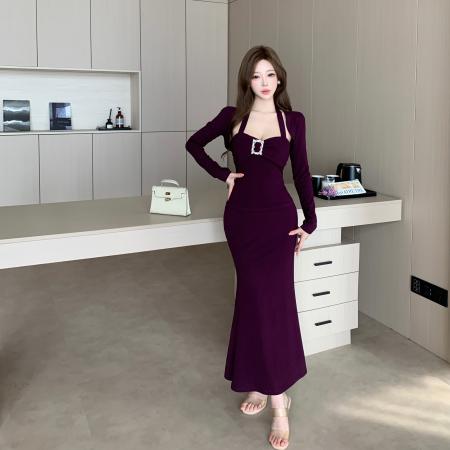 FA46772# 法式名媛气质高级感开衫外套+挂脖抹胸上衣+半身裙三件套  服裝批發女裝批發服飾貨源