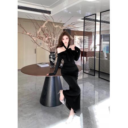 FA46773# 一字肩紫色长袖连衣裙冬纯欲性感包臀挂脖小妈裙名媛内搭长裙  服裝批發女裝批發服飾貨源