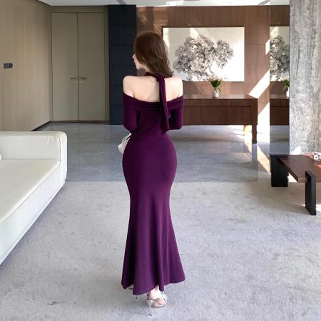 FA46773# 一字肩紫色长袖连衣裙冬纯欲性感包臀挂脖小妈裙名媛内搭长裙  服裝批發女裝批發服飾貨源