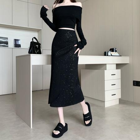 FA46775# 黑色亮片毛呢半身裙冬褶皱高腰显瘦显高修身中长款包臀直筒裙  服裝批發女裝批發服飾貨源