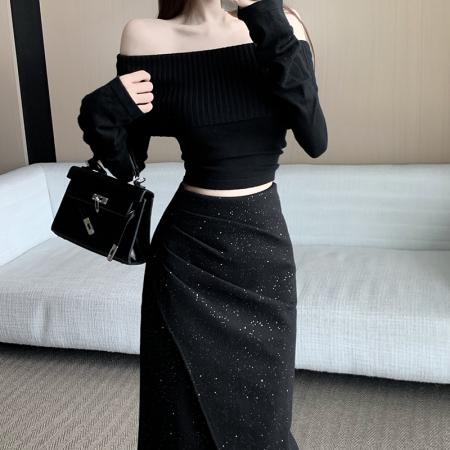 FA46775# 黑色亮片毛呢半身裙冬褶皱高腰显瘦显高修身中长款包臀直筒裙  服裝批發女裝批發服飾貨源