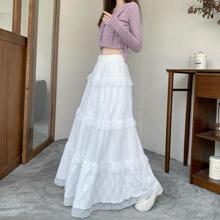 FA46776# 馨帮帮芭蕾风白色半身长裙秋冬温柔高腰A字蕾丝拼接仙女蛋糕裙女  服裝批發女裝批發服飾貨源