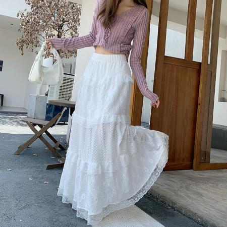 FA46776# 馨帮帮芭蕾风白色半身长裙秋冬温柔高腰A字蕾丝拼接仙女蛋糕裙女  服裝批發女裝批發服飾貨源
