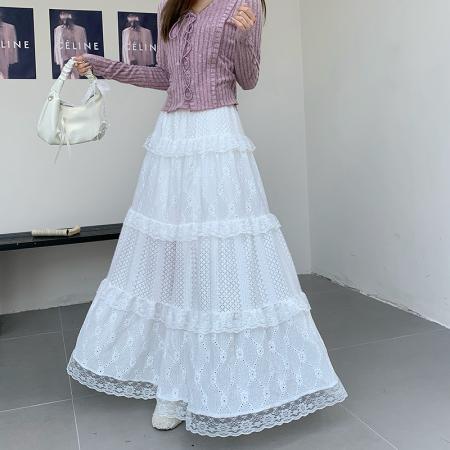 FA46776# 馨帮帮芭蕾风白色半身长裙秋冬温柔高腰A字蕾丝拼接仙女蛋糕裙女  服裝批發女裝批發服飾貨源