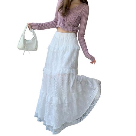 FA46776# 馨帮帮芭蕾风白色半身长裙秋冬温柔高腰A字蕾丝拼接仙女蛋糕裙女  服裝批發女裝批發服飾貨源