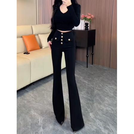 FA46777# 黑色金属纽扣微喇西装裤女秋冬新款高个子弹力修身显瘦马蹄裤  服裝批發女裝批發服飾貨源