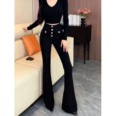 FA46777# 黑色金属纽扣微喇西装裤女秋冬新款高个子弹力修身显瘦马蹄裤  服裝批發女裝批發服飾貨源