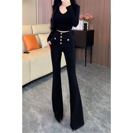 FA46777# 黑色金属纽扣微喇西装裤女秋冬新款高个子弹力修身显瘦马蹄裤  服裝批發女裝批發服飾貨源