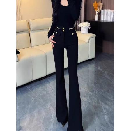 FA46778# 黑色弹力微喇西装裤女夏季新款高腰窄版显瘦垂感拖地马蹄裤子  服裝批發女裝批發服飾貨源