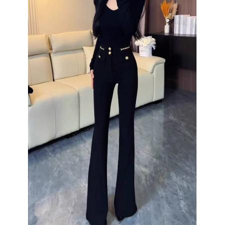 FA46778# 黑色弹力微喇西装裤女夏季新款高腰窄版显瘦垂感拖地马蹄裤子  服裝批發女裝批發服飾貨源