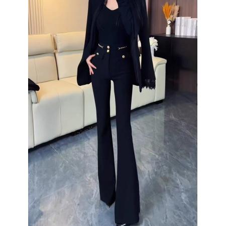 FA46778# 黑色弹力微喇西装裤女夏季新款高腰窄版显瘦垂感拖地马蹄裤子  服裝批發女裝批發服飾貨源