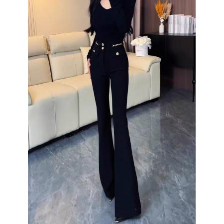 FA46778# 黑色弹力微喇西装裤女夏季新款高腰窄版显瘦垂感拖地马蹄裤子  服裝批發女裝批發服飾貨源