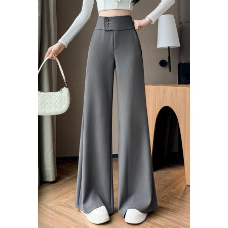 FA46779# 灰色排扣高腰微喇西装裤女夏薄款新款气质垂感不贴腿喇叭长裤  服裝批發女裝批發服飾貨源
