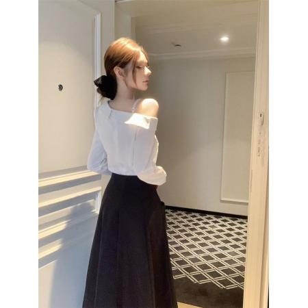 FA46787# 赵露思许妍同款套装长袖露肩衬衫上衣女半身裙两件套  服裝批發女裝批發服飾貨源