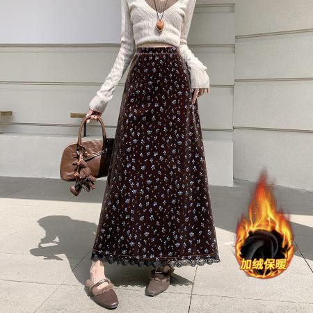 FA46790# 淑女风高级感小花丝绒半裙秋季新款韩版百搭休闲显瘦高腰伞裙  服裝批發女裝批發服飾貨源