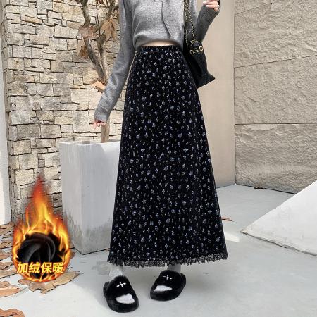 FA46790# 淑女风高级感小花丝绒半裙秋季新款韩版百搭休闲显瘦高腰伞裙  服裝批發女裝批發服飾貨源