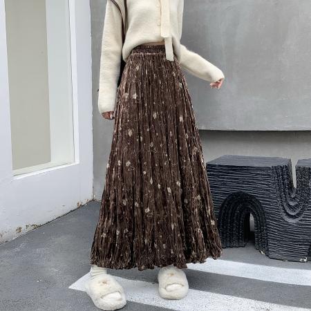 FA46791# 复古新中式印花褶皱丝绒半身裙女秋冬时尚高级感高腰A字百褶半裙  服裝批發女裝批發服飾貨源