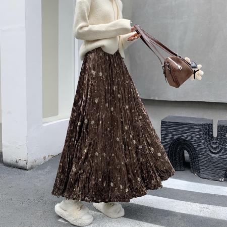 FA46791# 复古新中式印花褶皱丝绒半身裙女秋冬时尚高级感高腰A字百褶半裙  服裝批發女裝批發服飾貨源