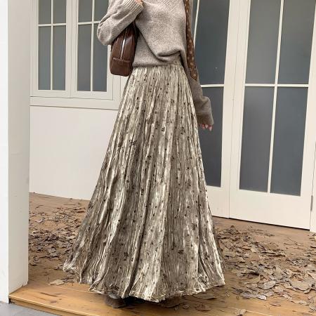 FA46791# 复古新中式印花褶皱丝绒半身裙女秋冬时尚高级感高腰A字百褶半裙  服裝批發女裝批發服飾貨源