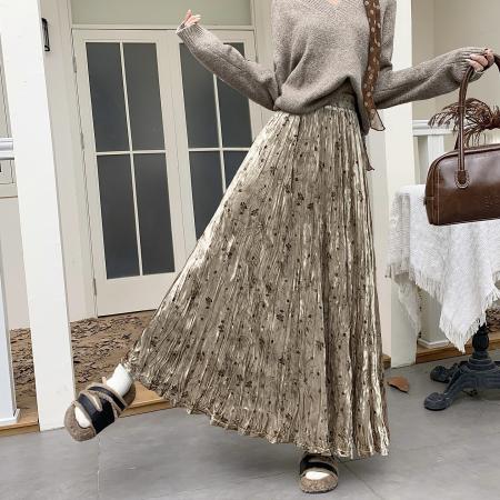 FA46791# 复古新中式印花褶皱丝绒半身裙女秋冬时尚高级感高腰A字百褶半裙  服裝批發女裝批發服飾貨源