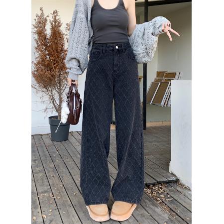 FA46797# 设计感菱格提花牛仔阔腿裤时髦辣妹高腰显瘦直筒裤长裤  服裝批發女裝批發服飾貨源