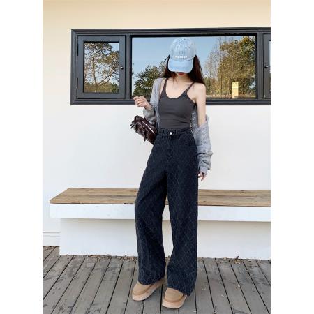 FA46797# 设计感菱格提花牛仔阔腿裤时髦辣妹高腰显瘦直筒裤长裤  服裝批發女裝批發服飾貨源