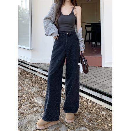 FA46797# 设计感菱格提花牛仔阔腿裤时髦辣妹高腰显瘦直筒裤长裤  服裝批發女裝批發服飾貨源