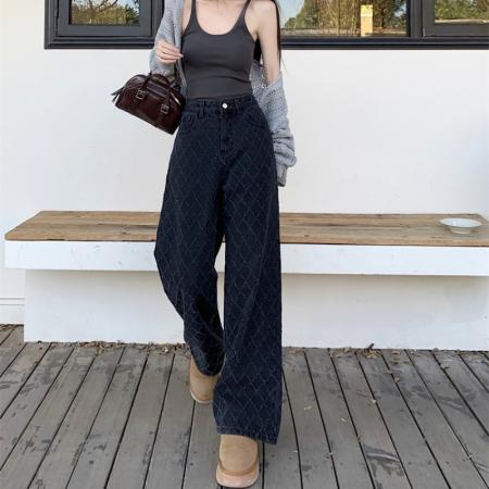 FA46797# 设计感菱格提花牛仔阔腿裤时髦辣妹高腰显瘦直筒裤长裤  服裝批發女裝批發服飾貨源