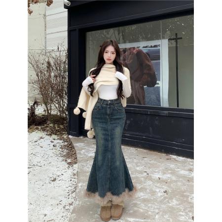 FA46798# 秋冬新款百搭毛毛裙摆鱼尾裙高腰半身牛仔裙女  服裝批發女裝批發服飾貨源