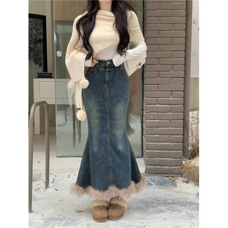 FA46798# 秋冬新款百搭毛毛裙摆鱼尾裙高腰半身牛仔裙女  服裝批發女裝批發服飾貨源