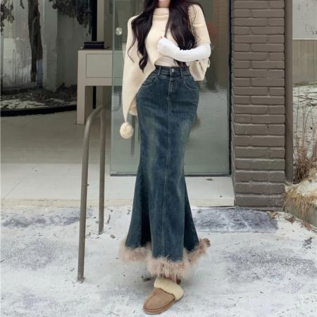 FA46798# 秋冬新款百搭毛毛裙摆鱼尾裙高腰半身牛仔裙女  服裝批發女裝批發服飾貨源