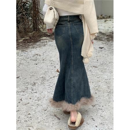 FA46798# 秋冬新款百搭毛毛裙摆鱼尾裙高腰半身牛仔裙女  服裝批發女裝批發服飾貨源