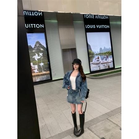 FA46800# 复古辣妹牛仔套装帅气宽松廓形短款牛仔夹克外套包臀半身裙  服裝批發女裝批發服飾貨源