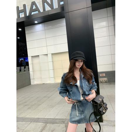 FA46800# 复古辣妹牛仔套装帅气宽松廓形短款牛仔夹克外套包臀半身裙  服裝批發女裝批發服飾貨源