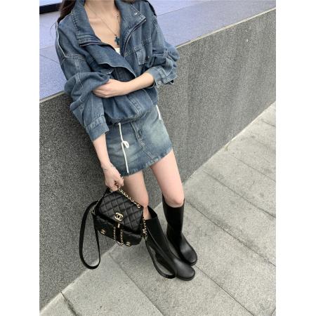 FA46800# 复古辣妹牛仔套装帅气宽松廓形短款牛仔夹克外套包臀半身裙  服裝批發女裝批發服飾貨源