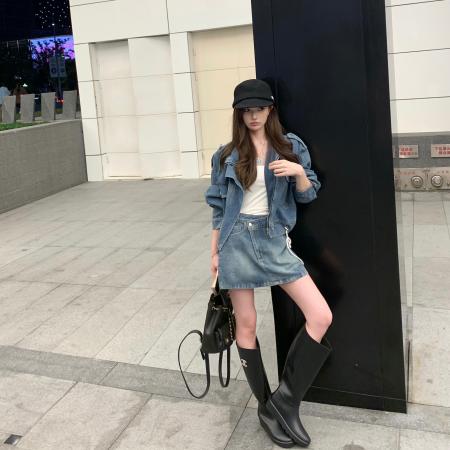 FA46800# 复古辣妹牛仔套装帅气宽松廓形短款牛仔夹克外套包臀半身裙  服裝批發女裝批發服飾貨源