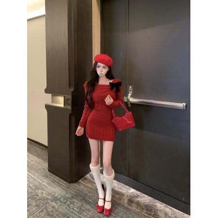 FA46803# 法式小女人气质蝴蝶结洋气显瘦百搭针织连衣裙  服裝批發女裝批發服飾貨源