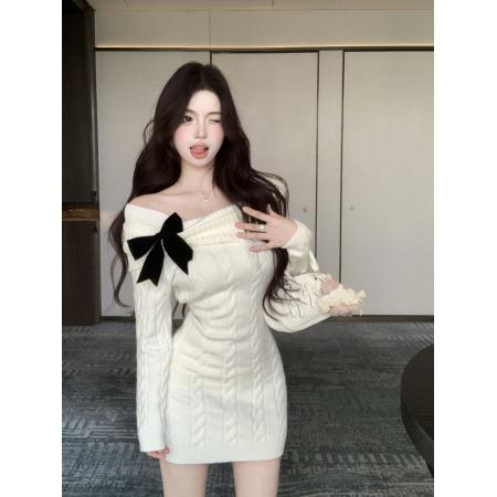 FA46803# 法式小女人气质蝴蝶结洋气显瘦百搭针织连衣裙  服裝批發女裝批發服飾貨源