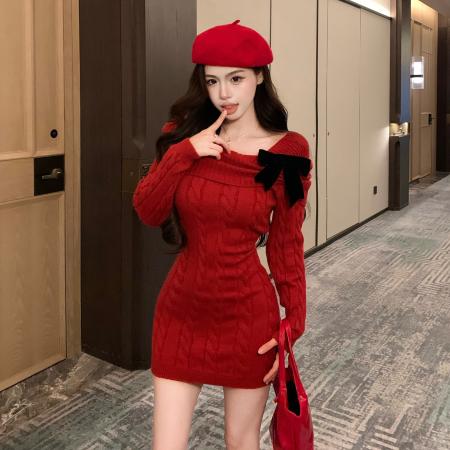 FA46803# 法式小女人气质蝴蝶结洋气显瘦百搭针织连衣裙  服裝批發女裝批發服飾貨源