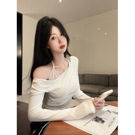 FA46806# 韩系气质时尚减龄纯欲辣妹露肩长袖修身上衣女秋季  服裝批發女裝批發服飾貨源