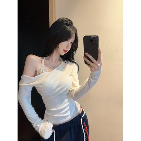 FA46806# 韩系气质时尚减龄纯欲辣妹露肩长袖修身上衣女秋季  服裝批發女裝批發服飾貨源